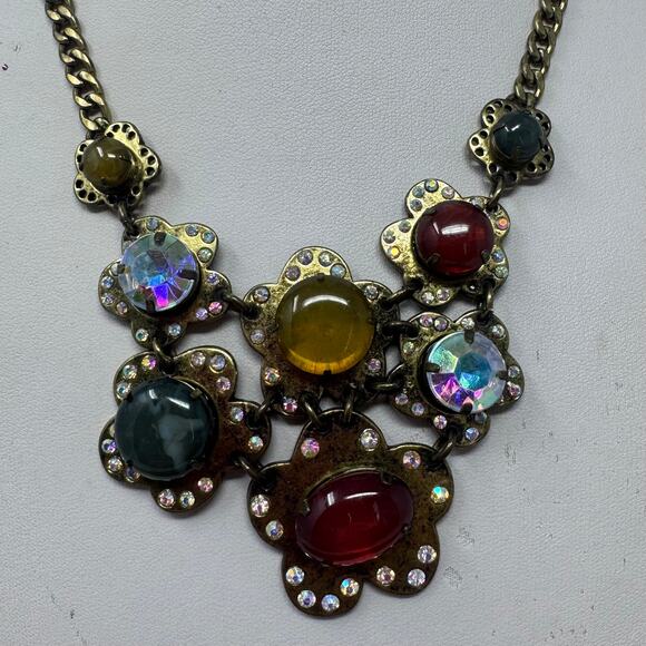 Betsey Johnson Woodland Antique Gold Tone Metal Bib Necklace Multi Color Stones - Picture 2 of 4